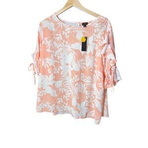 Worthington Blouse Coral and White‎ Floral Blouse Adjustable Sleeves 1X NWT